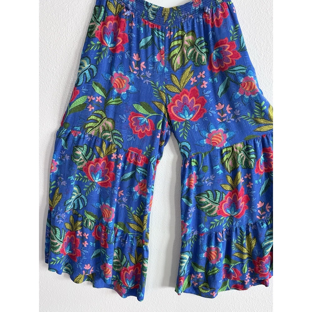 Johnny Was Rumba Tiered Pants L Blue Floral Rayon Palazzo Wide Leg Boho Resort - Picture 2 of 16